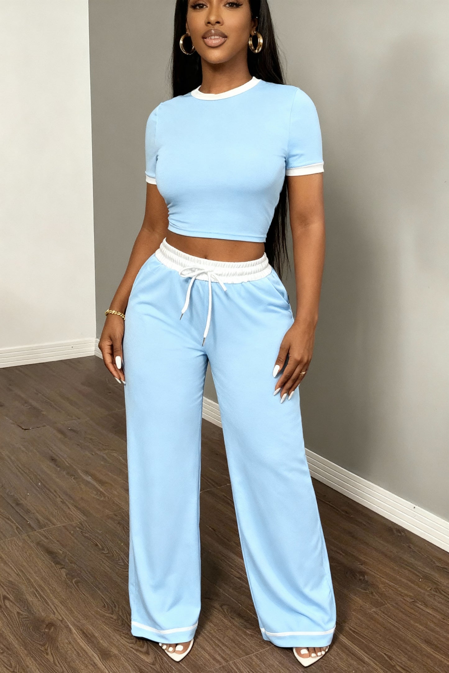 Conjunto Top de Manga Curta Sexy com Contraste de Cor e Calça 2 Peças Feminina 156