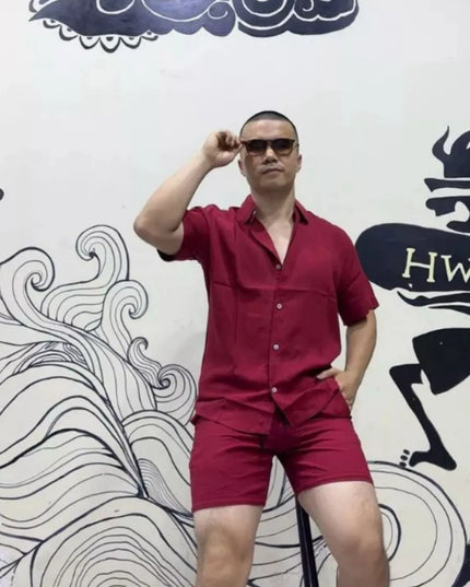 Camisa conjunto lisa masculina slim fite manga curta férias 268