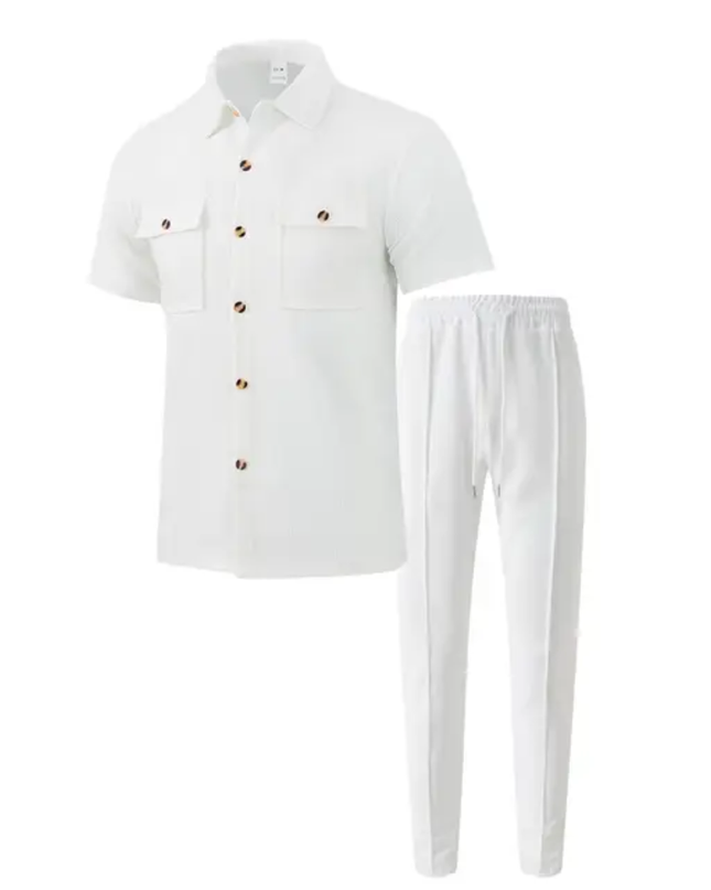 Conjunto Masculino Verão — Camisa Manga Curta com Botões + Calça com Bolsos