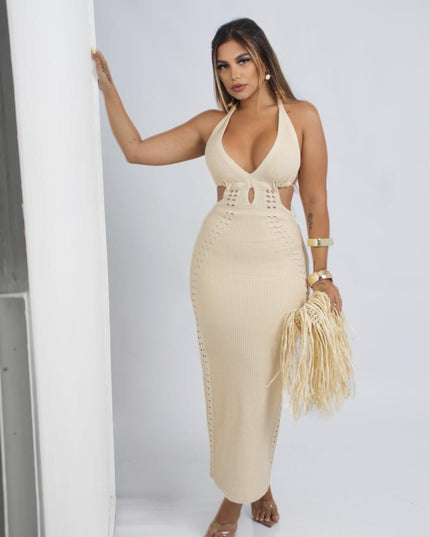 Vestido Midi Aberto Na Costas Com Amarração no pescoço Bordado Moda Feminina 446