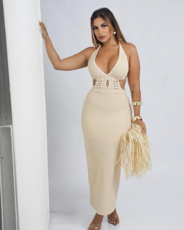 Vestido Midi Aberto Na Costas Com Amarração no pescoço Bordado Moda Feminina 446