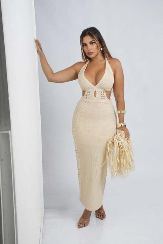 Vestido Midi Aberto Na Costas Com Amarração no pescoço Bordado Moda Feminina 446