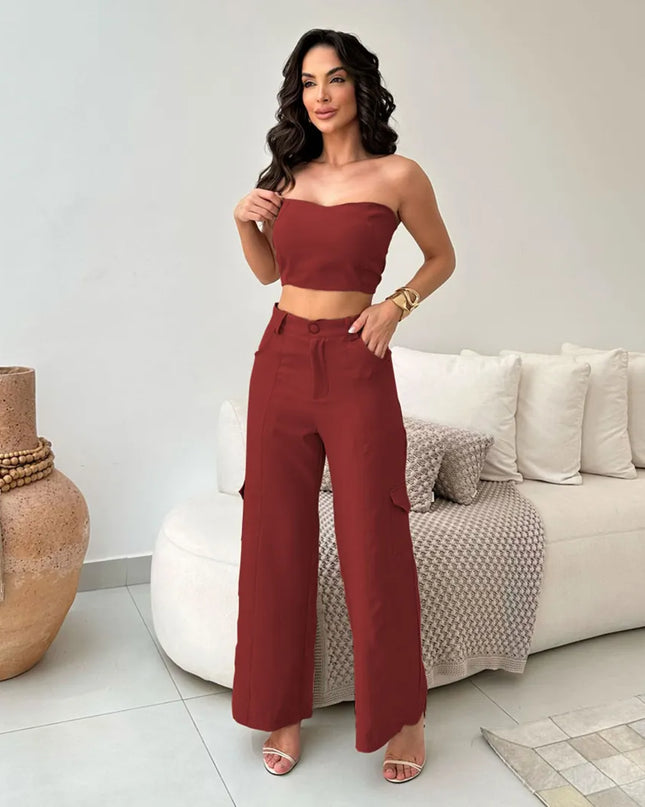 Conjunto Feminino Alfaiataria Casual Elegante Calça Cargo e Top 322