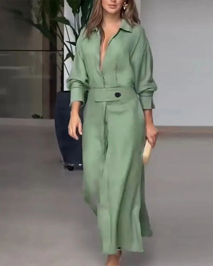 Vestidos Feminino De Lapela De Manga Comprida De Cor Sólida 188