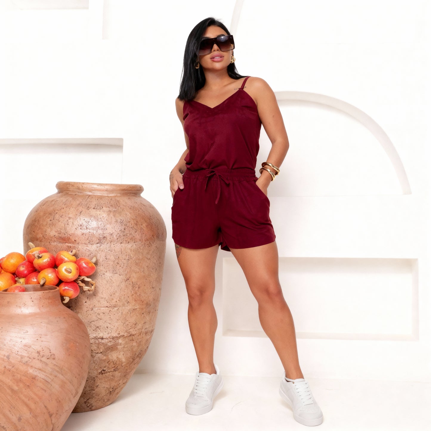 Conjunto Feminino Confortável Short Curto Com Bolso E Blusa De Alça fina 242