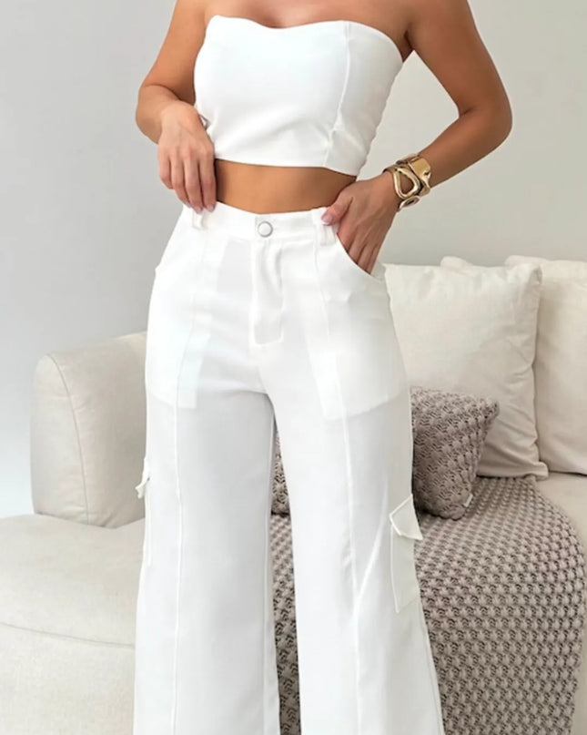 Conjunto Feminino Alfaiataria Casual Elegante Calça Cargo e Top 322