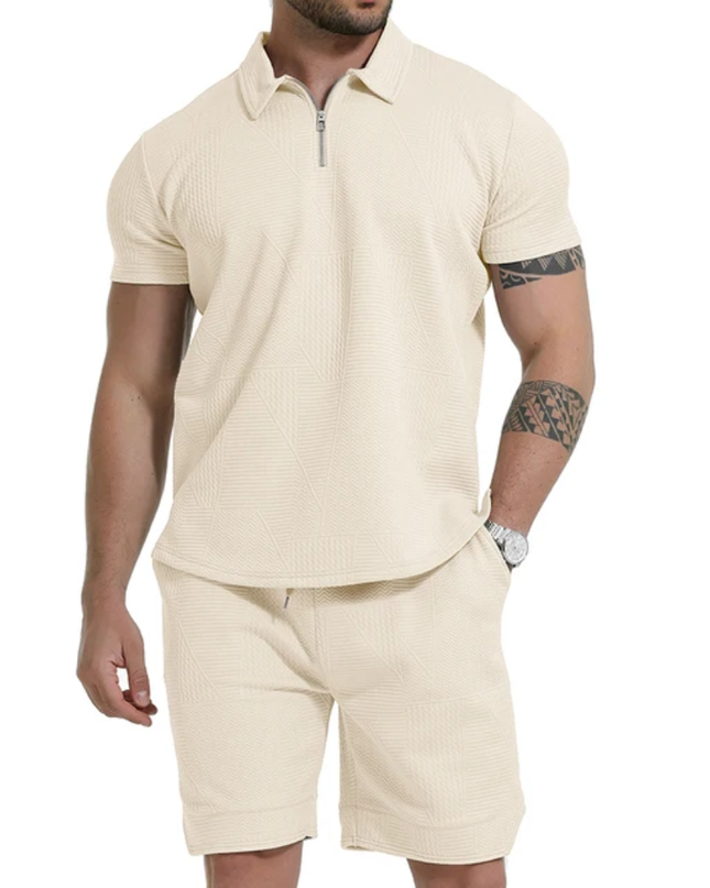 Summer Sport Solid Zipper Collar Short Sleeve Men's Polo Shirt Set