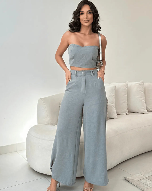 Conjunto Feminino Casual Elegante Calça Pantalona Cintura Alta e Cropped Duna 244