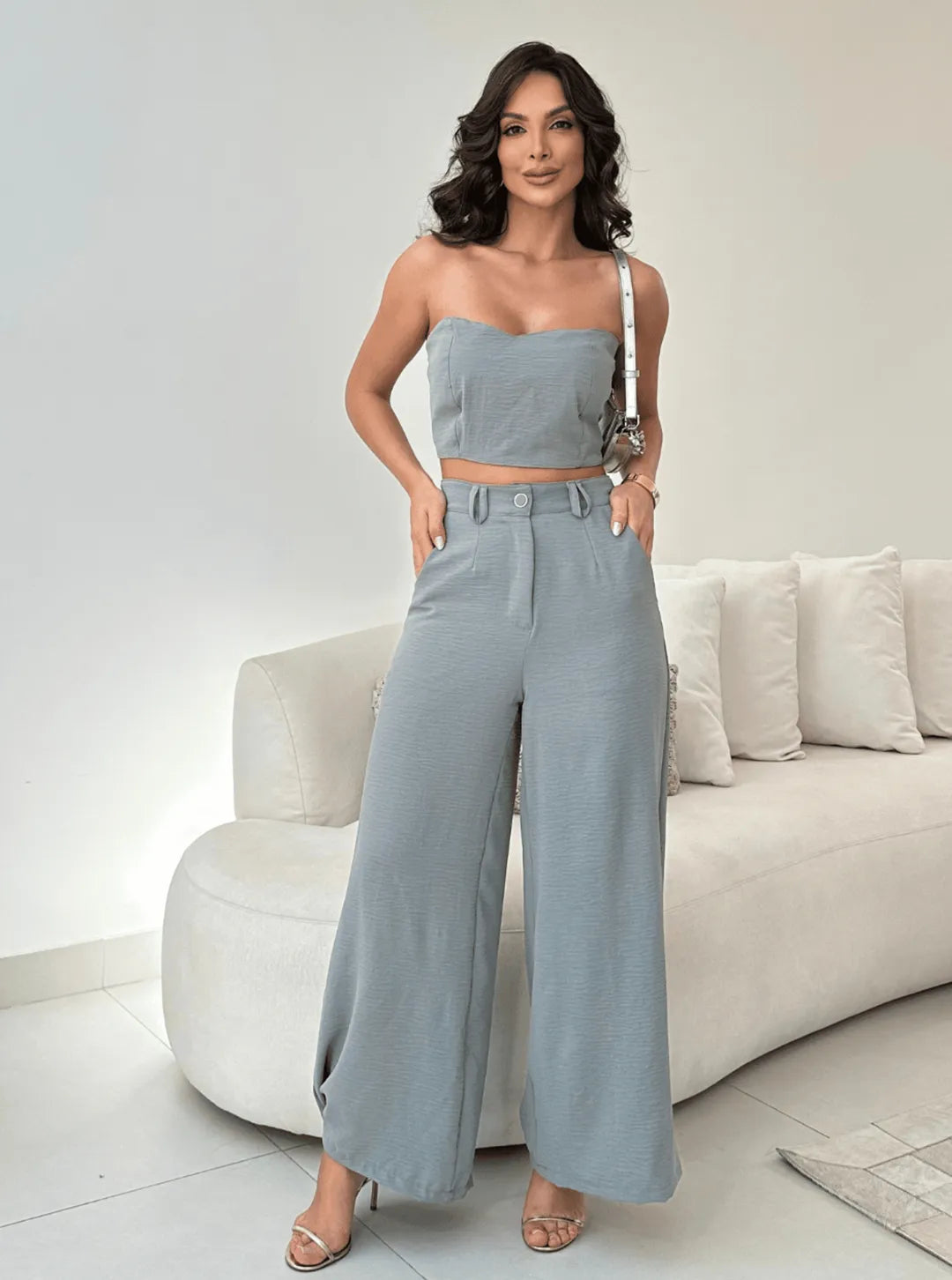 Conjunto Feminino Casual Elegante Calça Pantalona Cintura Alta e Cropped Duna 244