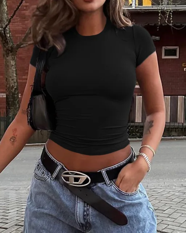 Camiseta Casual Versátil de Manga Curta e Cor Sólida para o Natal Vaiaye para Mulheres 153