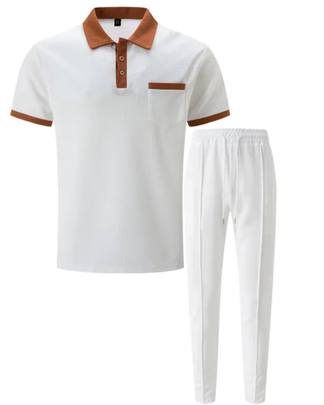 Men's Breathable Polo Shirt & Long Pants Set – Waffle Collar Edition