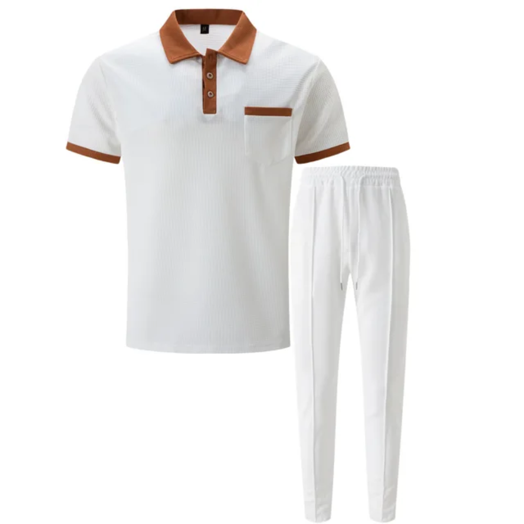 Men's Breathable Polo Shirt &amp; Long Pants Set – Waffle Collar Edition