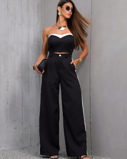 Conjunto Feminino Casual Elegante Alfaiataria Calça Pantalona e Cropped Bicolor 321