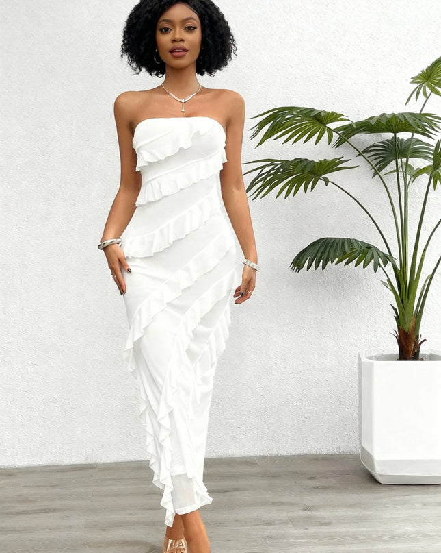 Vestido Longo com Bainha sem alças, Múltiplas Camadas, Estilo Folha de Lótus com Babados 147