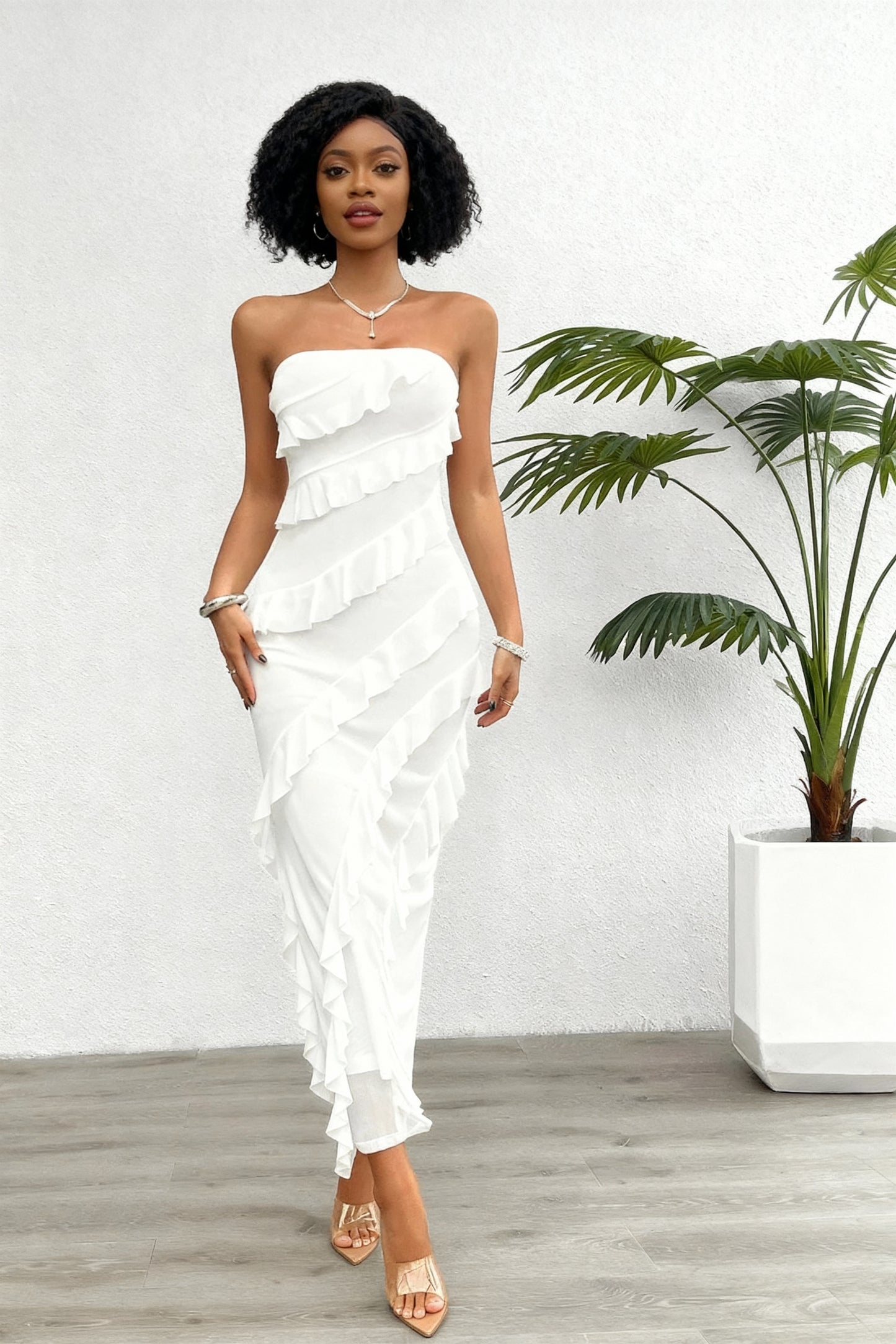 Vestido Longo com Bainha sem alças, Múltiplas Camadas, Estilo Folha de Lótus com Babados 147