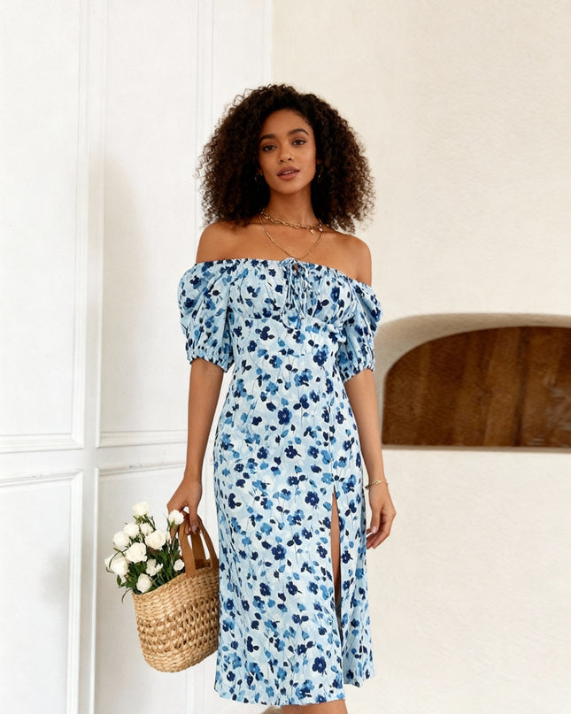 Vestido floral azul elegante com ombros à mostra para mulheres 220