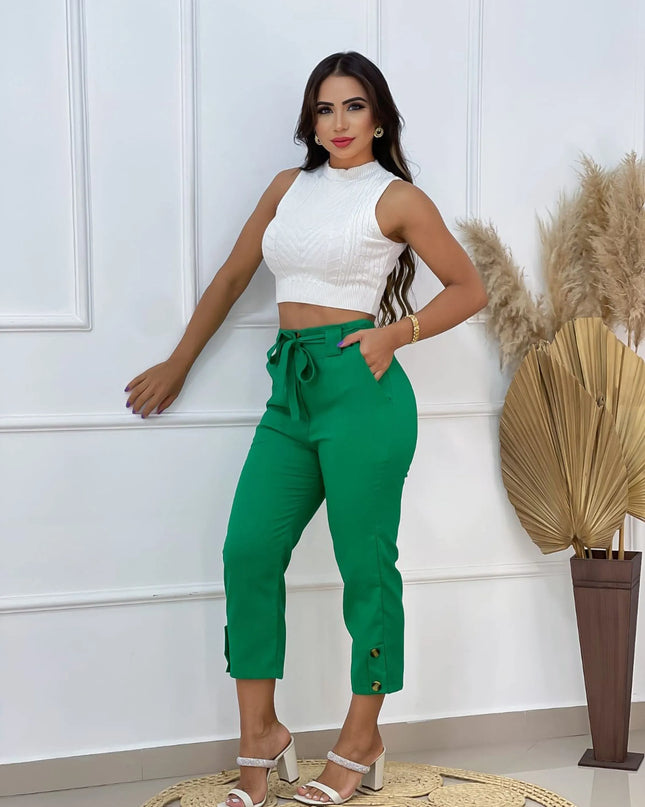 Calça Feminina Estilosas em Linho com Botão na Barra 512