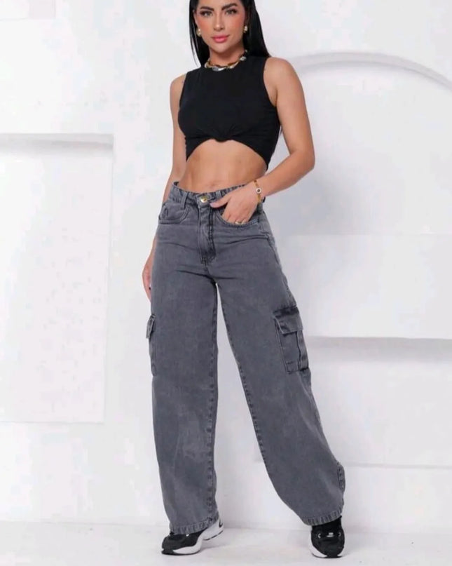 Calça Cargo jeans wide leg grafite pantalona feminina 458