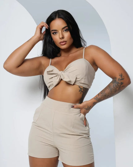 Conjunto Feminino de Short e Cropped com laço tendecia Primavera Verao Verão 243