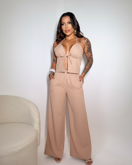 Conjunto Feminino em Ribaninha– Blusa com Alça e Calça Pantalona | Look Confortável e Estiloso Verão 293