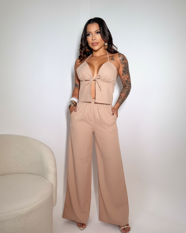 Conjunto Feminino em Ribaninha– Blusa com Alça e Calça Pantalona | Look Confortável e Estiloso Verão 293