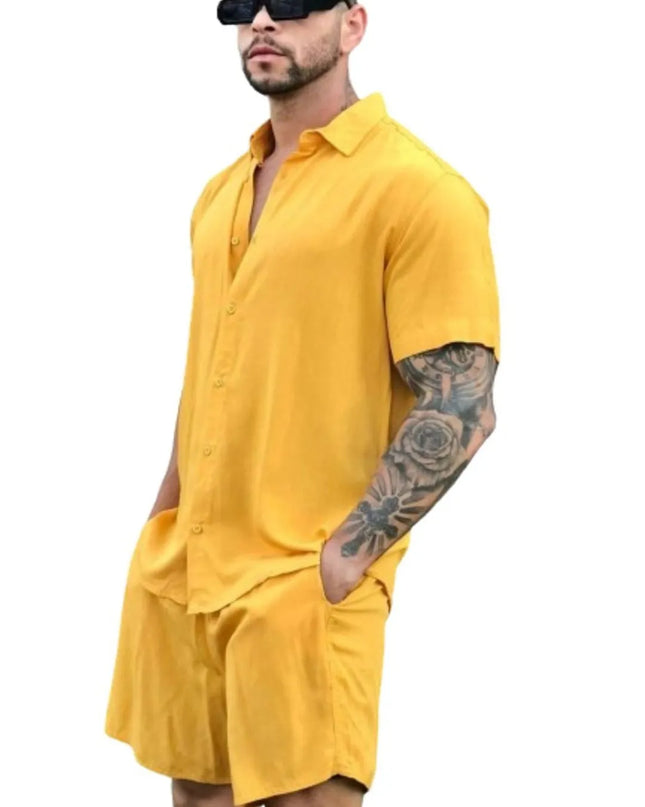 Conjunto Camisa e Short Lisa Havaiano Estampado Listrado Masculino Tecido de Viscolinho com elastano 464