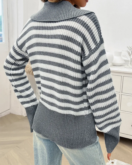 Suéter de Gola Polo Casual de Manga Longa com Listras, para Outono 182