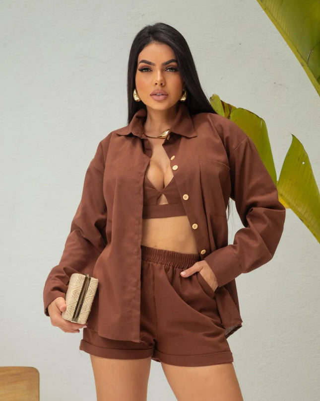 Conjunto de 3 peças Feminino Camisa Shorts e Top em Linho 298