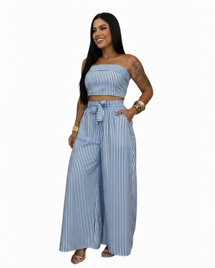 Conjunto Casual Feminino com Top Bandeau Listrado e Calça Longa com Cordão na Cintura 560