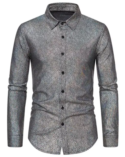 Homem Meia-Noite Camisa Masculina de Manga Longa com Gola Alta Jacquard, Ajuste Solto, Outono, Formal 609