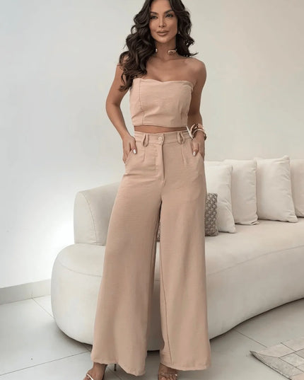 Conjunto Feminino Casual Elegante Calça Pantalona Cintura Alta e Cropped Duna 244