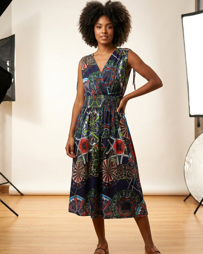 Vestido midi feminino de verão, solto, com decote em V transpassado, estampa abstrata, sem mangas e amarração nas costas 615