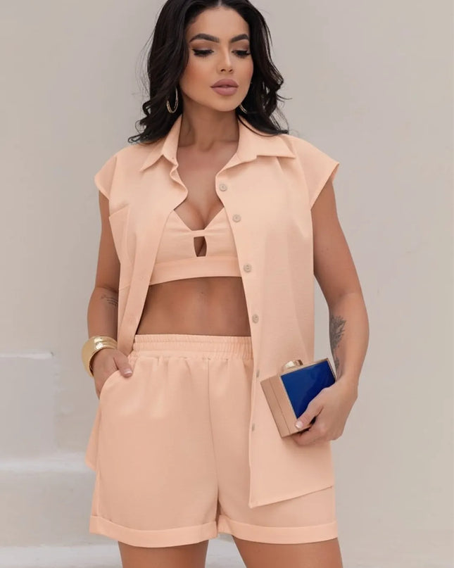 Conjunto Feminino Cropped, Colete e Shorts em Linho, Conjunto de 3 peças 266