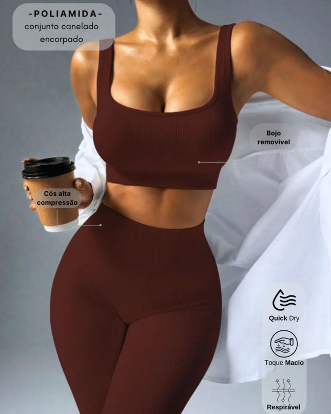 conjunto fitness em poliamida encorpada canelada- top e legging- alta compressão 338