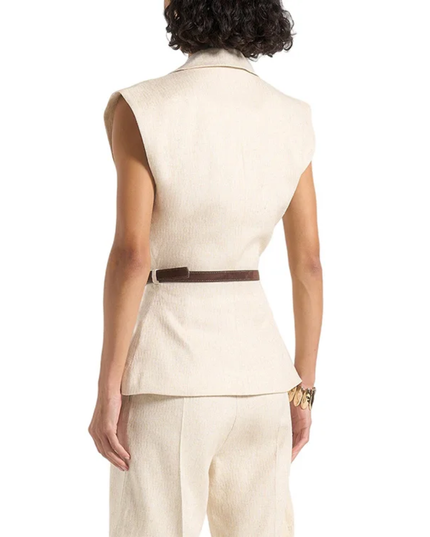 V neck waist belt sleeveless wide shoulder cinched Waistcoat