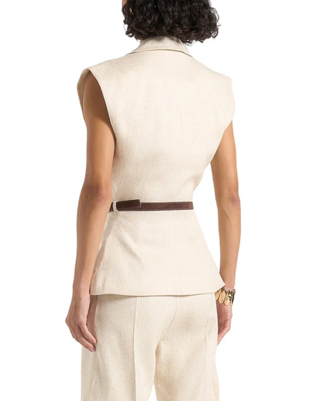 V neck waist belt sleeveless wide shoulder cinched Waistcoat