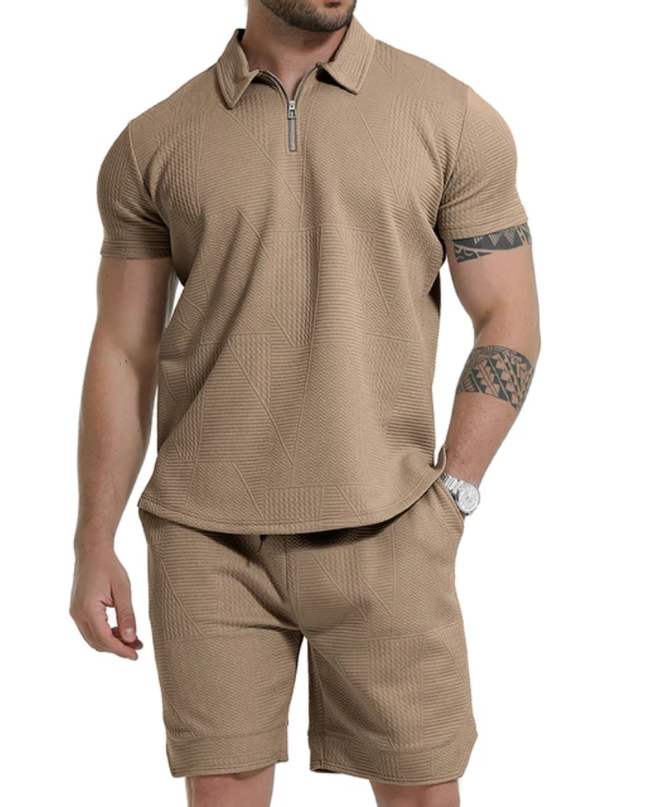 Summer Sport Solid Zipper Collar Short Sleeve Men's Polo Shirt Set