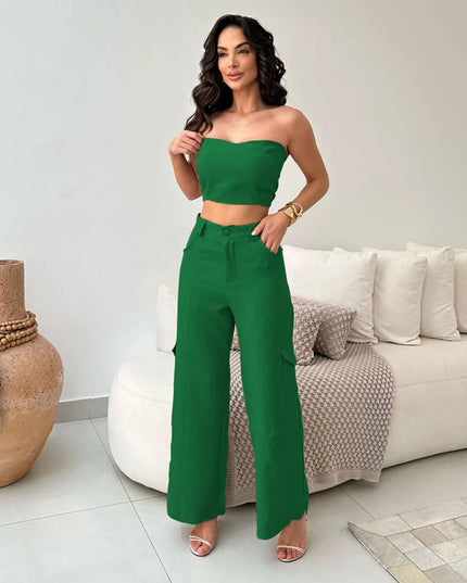 Conjunto Feminino Alfaiataria Casual Elegante Calça Cargo e Top 322