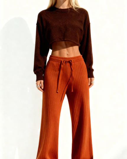 Calças femininas de malha com cintura alta elástica e pernas largas 55