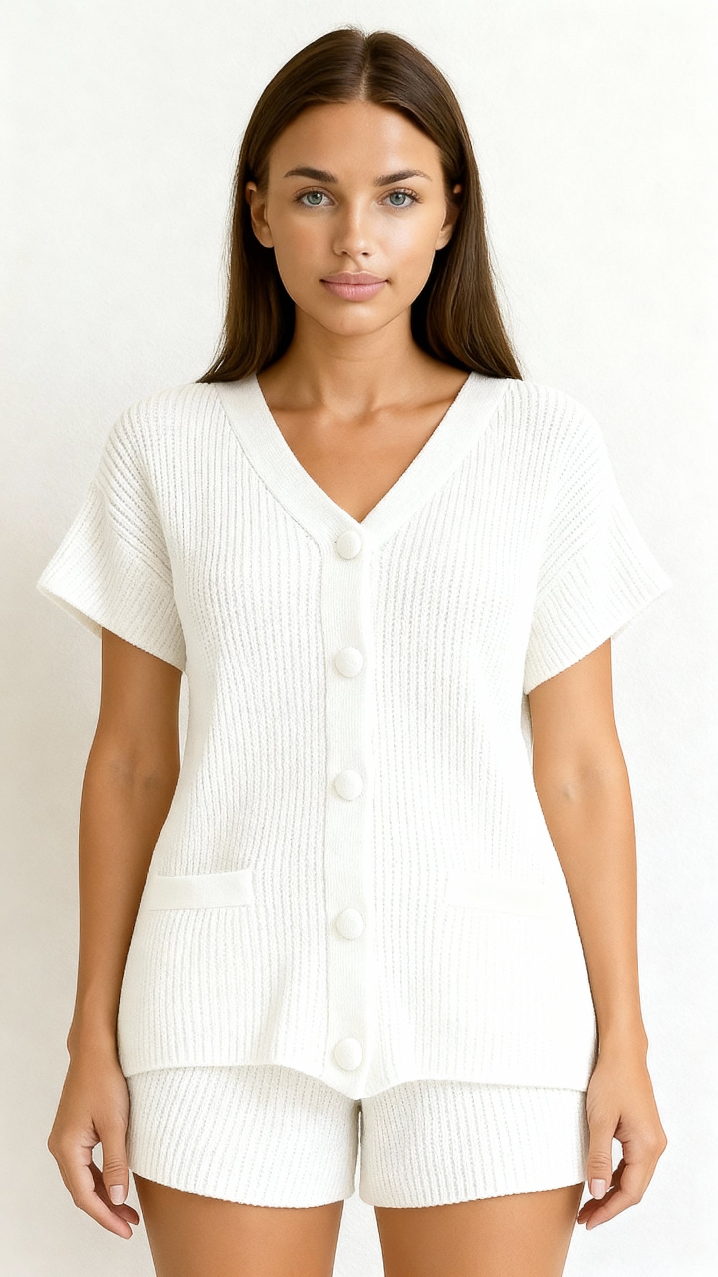 Conjunto de shorts feminino casual de 2 peças com botões e decote em V 24