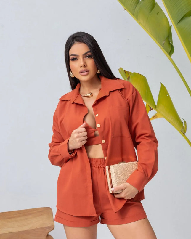 Conjunto de 3 peças Feminino Camisa Shorts e Top em Linho 298