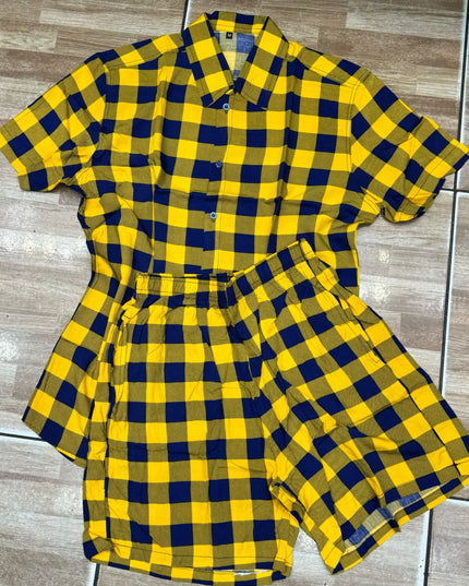 Conjunto de Cardigã Xadrez Retrô de Cavalheiro Camisa Shorts para Homens 468