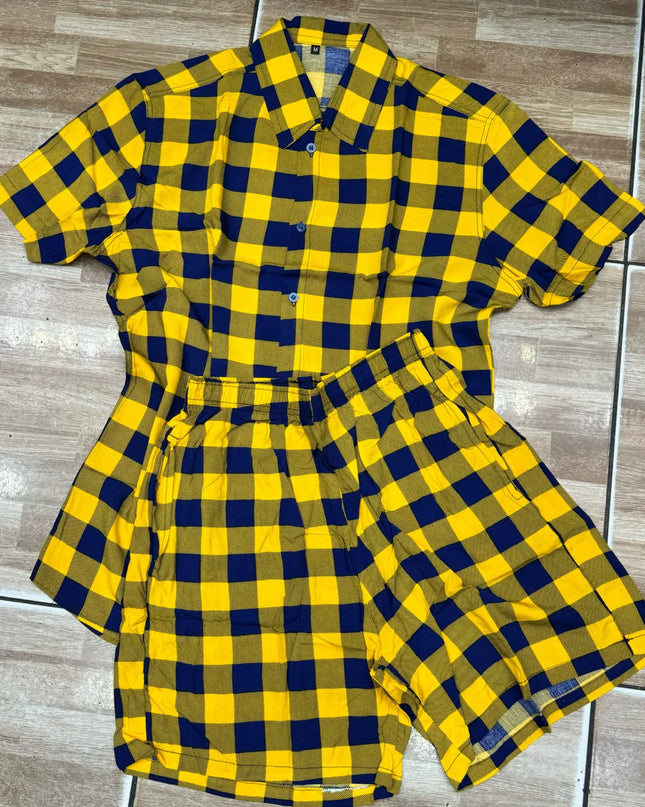 Conjunto de Cardigã Xadrez Retrô de Cavalheiro Camisa Shorts para Homens 468