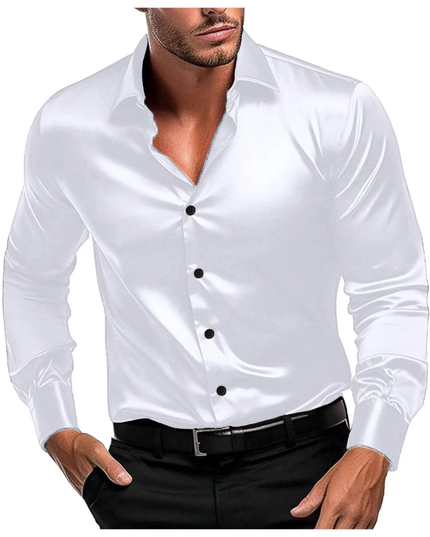 Homem Meia-Noite Camisa de Cetim Masculina, Top de Manga Longa Luxuosa Preta para Casamento, Formal, Trabalho, Estilo Casual 587