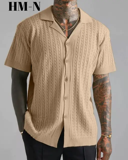 Homem Meia-Noite Camisa Casual Masculina de Manga Curta Cor Sólida, Verão, Camisa de Praia Branca com Botões e Textura Masculina 592