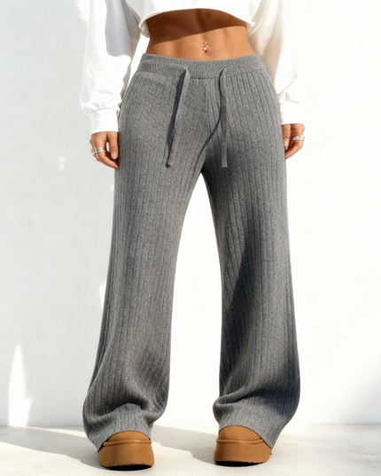 Calças femininas de malha com cintura alta elástica e pernas largas 55
