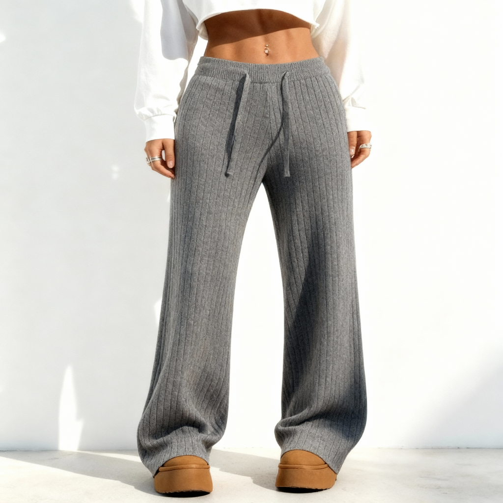 Calças femininas de malha com cintura alta elástica e pernas largas 55