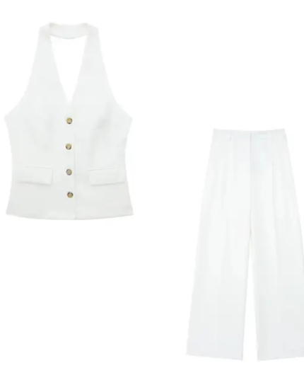 Conjunto Feminino de Duas Peças: Colete com Gola Halter e Calça Longa