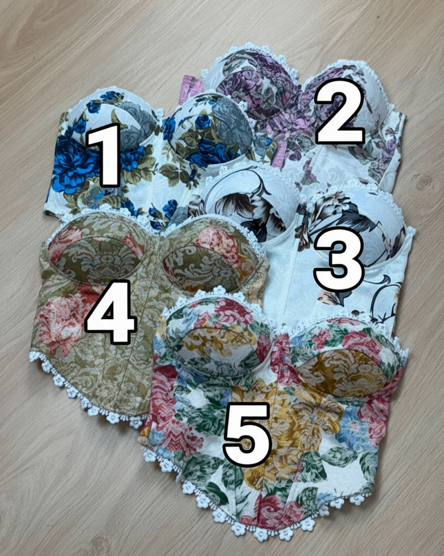 Corset Floral Feminino Tomara que Caia com Bojo Modelador – Ajustável, Estilo Blogueira Carnaval  Detalhe da taça 585