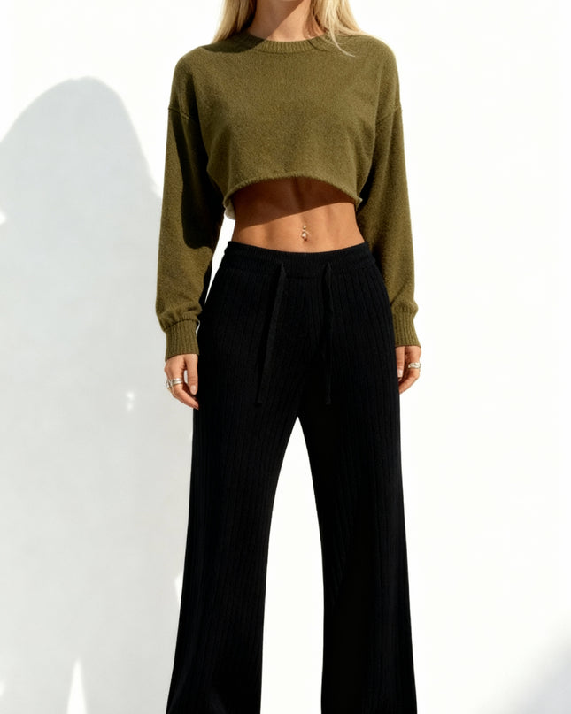 Calças femininas de malha com cintura alta elástica e pernas largas 55